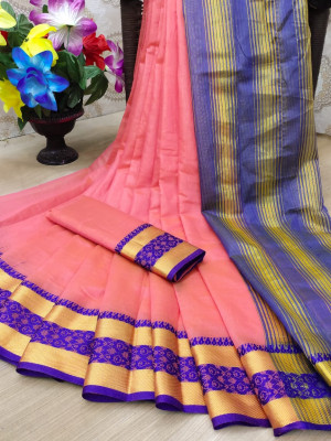 Pink color cotton silk saree with jacquard weaving border