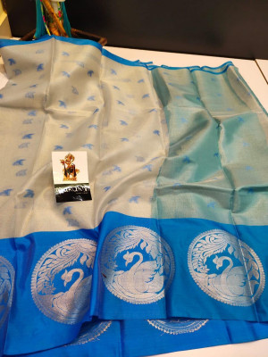Blue and silver color tissue silk saree with zari weaving work