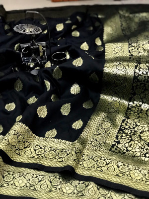 Black color banarasi soft silk handloom weaving saree