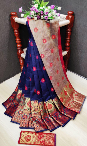 Navy blue color soft lichi silk Weaving Jacquard work saree
