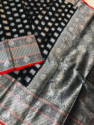 Black color lichi silk saree with silver zari work