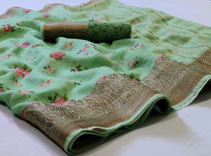 Green color linen saree with jacquard border