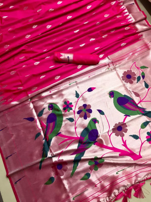 Pink color paithani silk saree with golden zari weaving work