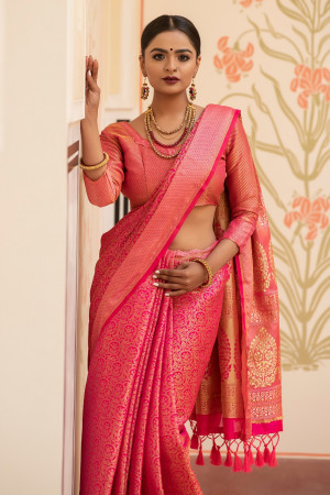 Pink color soft kanchipuram silk saree with zari border
