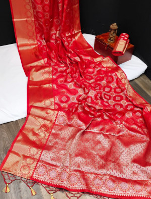 Red color mysore silk saree with zari weaving work
