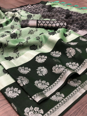 Green color tissue silk saree with jacquard weaving butta