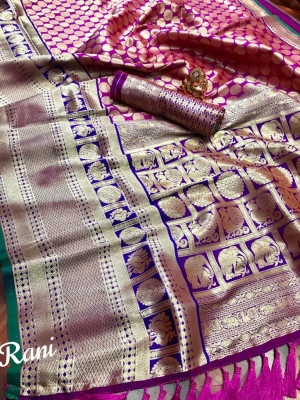 Dark pink color pure kanchipuram silk saree with contrast pallu
