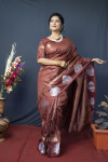 Coffee color soft linen saree with golden and silver zari woven work