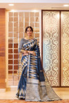 Navy blue color tussar silk weaving saree with temple woven border