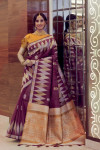 Magenta color tussar silk weaving saree with temple woven border