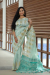 Sea green color tussar silk weaving saree with temple woven border