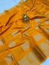 Yellow color linen cotton saree with golden zari weaving work