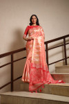 Peach color tussar silk weaving saree with temple woven border