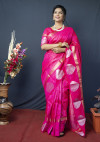 Pink color soft linen saree with golden and silver zari woven work