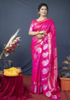 Pink color soft linen silk saree with golden zari weaving work