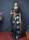 Black color soft linen saree with golden and silver zari woven work
