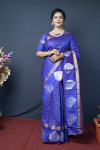 Violet color soft linen saree with golden and silver zari woven work