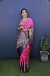 Pink color balatan silk saree with golden zari weaving work