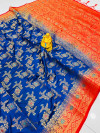 Navy blue color balatan silk saree with zari weaving work