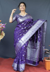 Purple color soft lichi silk saree with silver zari woven work