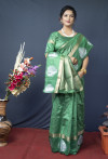 Green color soft linen saree with golden and silver zari woven work
