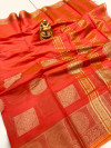 Gajari color linen cotton saree with golden zari weaving work