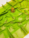 Green color linen cotton saree with golden zari weaving work