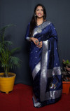 Navy blue color soft paithani silk saree with zari weaving work