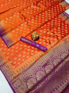 Orange color baltan silk saree with golden zari weaving work