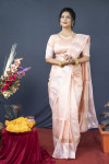 Peach color soft linen silk saree with golden zari weaving work