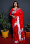 Red color soft paithani silk saree with silver zari weaving work