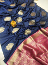 Navy blue color banarasi silk saree with golden zari weaving work