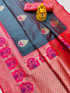 Gray color kanchipuram silk saree with zari and meena work