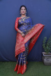 Navy blue color balatan silk saree with golden zari weaving work