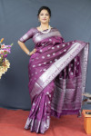 Magenta color soft lichi silk saree with silver zari woven work