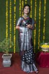 Black color soft lichi silk saree with silver zari weaving work