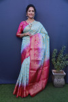 Sky blue color balatan silk saree with golden zari weaving work