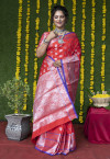 red color soft lichi silk saree with silver zari weaving work