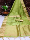 Pista green color aasam silk saree with zari weaving work