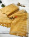 Yellow color raw silk saree with temple woven border