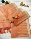 Orange color raw silk saree with temple woven border