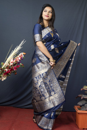 Navy blue color soft kanchipuram silk saree with zari weaving work