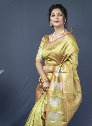 Parrot green color soft linen silk saree with golden zari weaving work