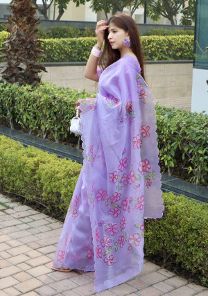 Light purple color organza silk saree with printed work
