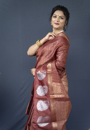 Coffee color soft linen silk saree with golden zari weaving work
