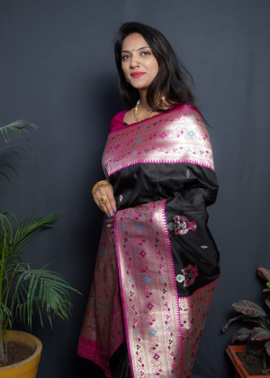 Black color paithani silk saree with golden zari work