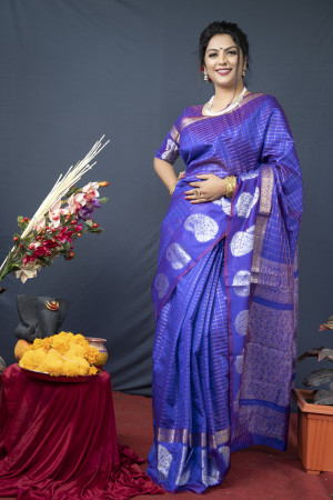 Violet color soft linen silk saree with golden zari weaving work