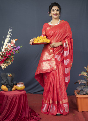 Red color soft linen silk saree with golden zari weaving work