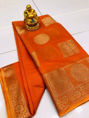 Orange color linen cotton saree with golden zari weaving work