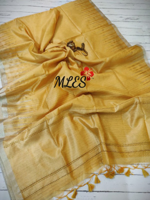 Yellow color raw silk saree with temple woven border